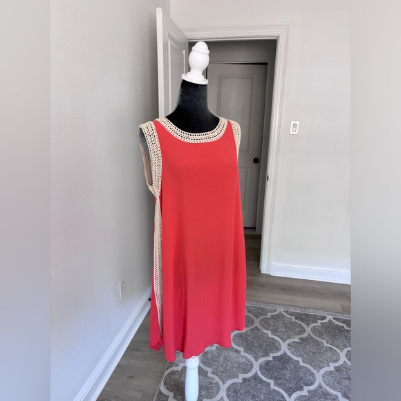 Freeway Coral Lightweight Dress/Coverup With Crochet Detailing - Picture 1 of 13